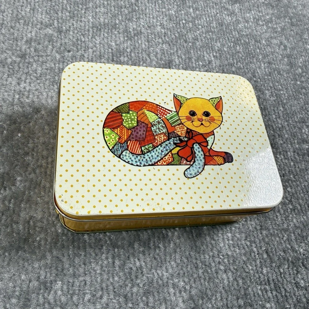 Vintage Patchwork Cat Metal Tin Yellow Notepaper Storage
